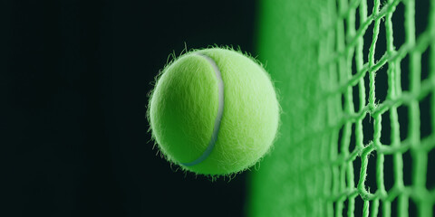 Close up view of a tennis ball in motion near a green net isolated on black
