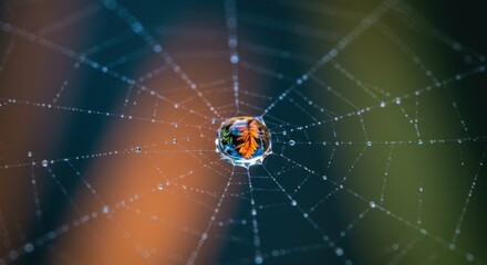 Spiderweb with water droplets reflecting the surrounding environment in a blurred background.