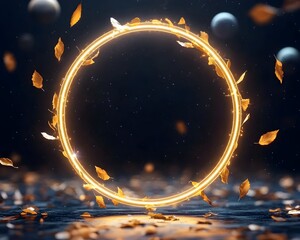 Wall Mural - A glowing golden ring with falling leaves in a dark, cosmic backdrop