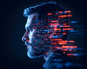 a man's face is partially obscured by streaks of red and orange code, suggesting a digital connectio