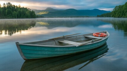 Naklejka na meble The photograph depicts a serene, misty landscape with a serene lake, green trees, and mist-veiled mountains, with a sharp focus on the foreground and middle ground.