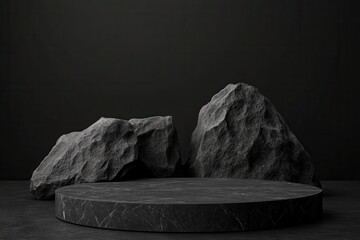 Wall Mural - dark, minimalist display featuring a circular marble platform, flanked by three rough, dark-grey sto