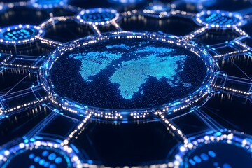 a digital map of the world is surrounded by a network of glowing circles, symbolizing global connect