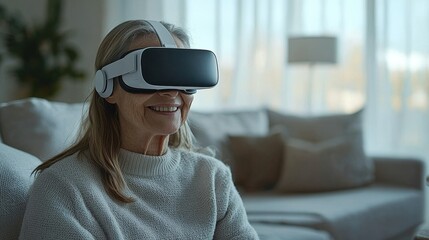 A smiling older woman with grey hair is explo a virtual reality world with a VR headset while sitting on her couch at home in her naturally lit living room.