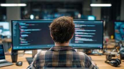 Programmer coding software developer working on computer screen in office environment at desk job