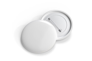 Blank Round Pin Badges Mockup Template isolated on background. Plastic empty white button badge with metal for branding souvenir magnet, brooch pin, emblem, merchandise, volunteer label. 3D rendering