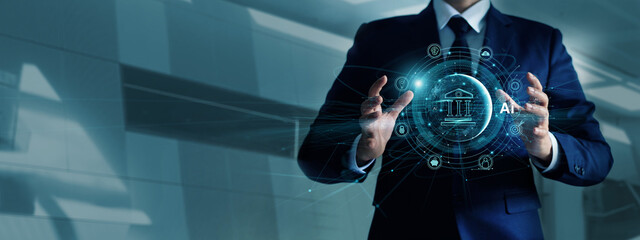 Fototapete - Businessman holding of icon banking on network connection. Digital marketing. Finance and banking networking. Online shopping and customer network, ai technology, cyber security. Business technology.