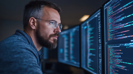 Focused programmer analyzing data on multiple screens in modern workspace