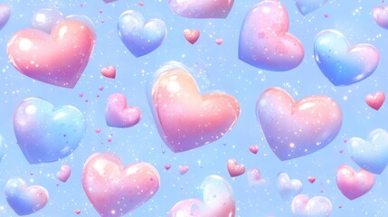 Wall Mural - Floating Hearts in Sky: Pastel-colored hearts drift gently against a serene backdrop, evoking feelings of affection and warmth. A gentle sprinkle of glistening accents.