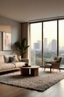 © napak - Serene Apartment Living Room with Expansive Window View Showcasing City Skyline at Sunset