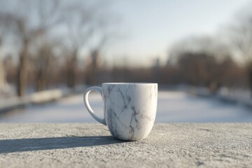 Fototapete - A marble-patterned mug sits on a snowy surface outdoors.