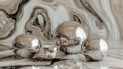 Wall Mural - A modern composition of metallic spheres and a cup set against a swirling abstract background.