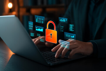 Wall Mural - cybersecurity concept showing hands typing on laptop with virtual lock icon and data interface. symb