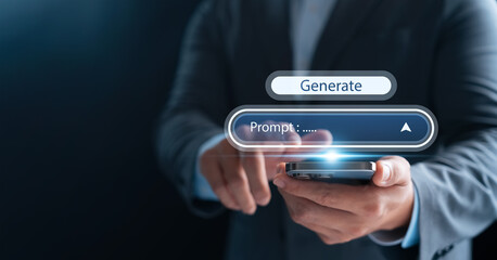 businessman interacting with a virtual ai prompt interface on a smartphone, concept of generative ai