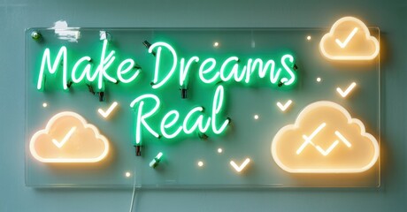 Poster - Neon sign displays motivational phrase. Clouds surround text, emitting warm glow. Wall provides simple backdrop. Bright colors dominate composition.