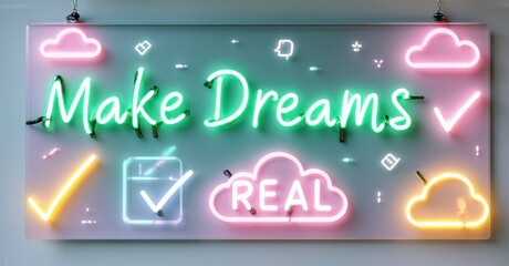 Poster - Bright neon sign displays motivational phrase. Clouds, checks, text create positive, vibrant visual impact. Simple background enhances glow.