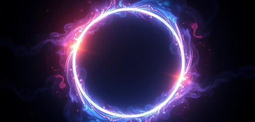 Wall Mural - Glowing iridescent ring portal, cosmic energy swirling within, dark void background, light, element