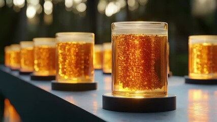 Wall Mural - A collection of transparent jars filled with golden honeycomb, set against a soft-focus natural background.
