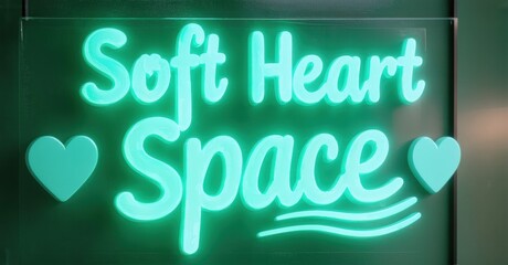 Fototapete - Neon sign displays text Soft Heart Space with heart graphics. Bright green illumination contrasts dark background. Modern aesthetic.