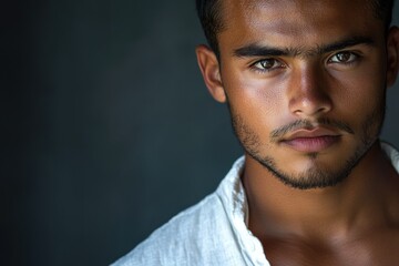 Aufkleber - Close-up portrait of a young man with intense gaze and serious expression.