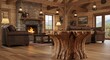 © Helmalia - Rustic Log Cabin Living Room Design with Stone Fireplace and Tree Trunk Coffee Table