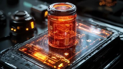 Wall Mural - A futuristic device with an orange transparent cylinder displays intricate circuitry and glowing details on a dark background.