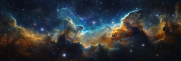 Wall Mural - Cinematic view of deep space clouds with sparkling clusters and colorful ionized gases.