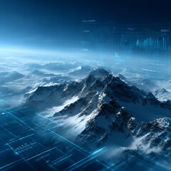 Fototapete - Data Visualization Over Snowy Mountains: A High-Tech Landscape in a Digital World