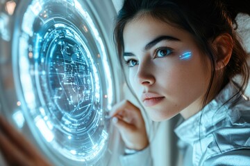 Aufkleber - A young woman examines a futuristic, glowing, circular interface, possibly a holographic display.