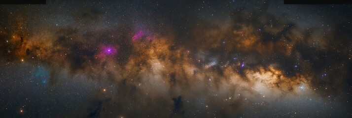 Cinematic view of deep space clouds with sparkling clusters and colorful ionized gases.