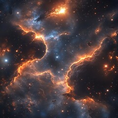 Wall Mural - Dark bok globules in front of vibrant galactic clouds, scattered with radiant particles and luminous edges.