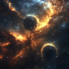 Wall Mural - Dark bok globules in front of vibrant galactic clouds, scattered with radiant particles and luminous edges.