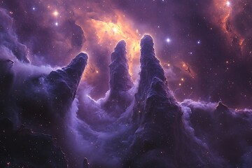 Wall Mural - Pillars of gas and dust rising in a galactic setting, surrounded by radiant star glows.