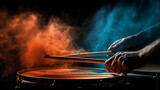 background of hands using drumsticks to hit snare drum and causing coloured dust explosion
