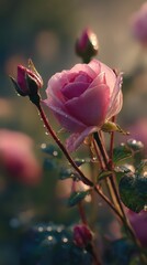 Poster - Pink rose blooms at dawn with dew drops macro shot of garden flower in soft light floral beauty