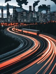 Poster - Futuristic city skyline at night with light trails from passing train and cars long exposure aerial view urban scene