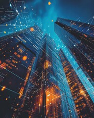 Poster - Low angle view of modern skyscrapers with digital network connection lines at night in a futuristic city