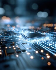 Fototapete - Macro Shot of Computer Chip on Circuit Board with Blue Light Reflections for Technology Concept