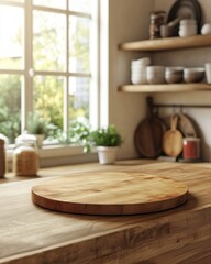 Poster - Wooden Cutting Board on Kitchen Countertop in Bright Interior Setting with Natural Light and Rustic Decor