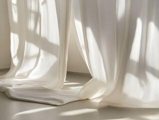 Fototapete - Minimalist interior with white curtains and sunlight casting shadows on the floor in a bright room soft light