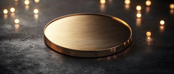 Aufkleber - Golden Round Platform Showcase Display in Studio Lighting on Dark Surface for Product Presentation and Mockup Design with Bokeh