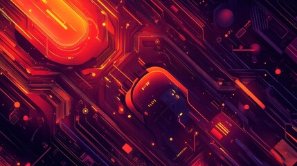 Fototapete - Abstract Red and Purple Circuit Board Close Up Shot; Futuristic Technology Design with Glowing Elements and Complex Connections