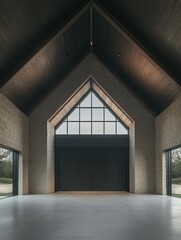 Aufkleber - Interior view of modern chapel entrance featuring stone walls wood ceiling and triangular window design architecture