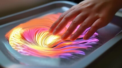 Wall Mural - A hand interacts with vibrant swirling colors on a smooth surface, creating a mesmerizing pattern of orange, pink, and yellow.
