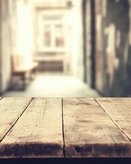 Aufkleber - Rustic wooden table surface in foreground with blurred alleyway background for product placement or food photography
