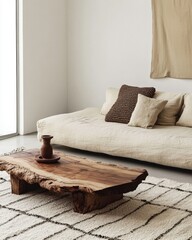 Poster - Interior design showcasing rustic wood coffee table with vase on patterned rug near linen sofa in neutral tones