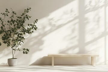 Aufkleber - Minimalist Interior with Plant and Bench in Sunlight Still Life Neutral Tones Warm Light Contemporary Design