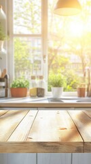 Poster - Sunny Kitchen Interior with Wooden Tabletop for Product Display and Bright Window Background, Close-up Perspective, Natural Light