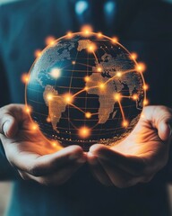 Fototapete - Person holding glowing digital earth globe in hands, symbolizing global connection, technology, futuristic, studio shot