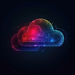 Fototapete - Digital Cloud Computing Concept Illustration, Neon Colors, Technology Network, Abstract Design, Dark Background, Futuristic Style